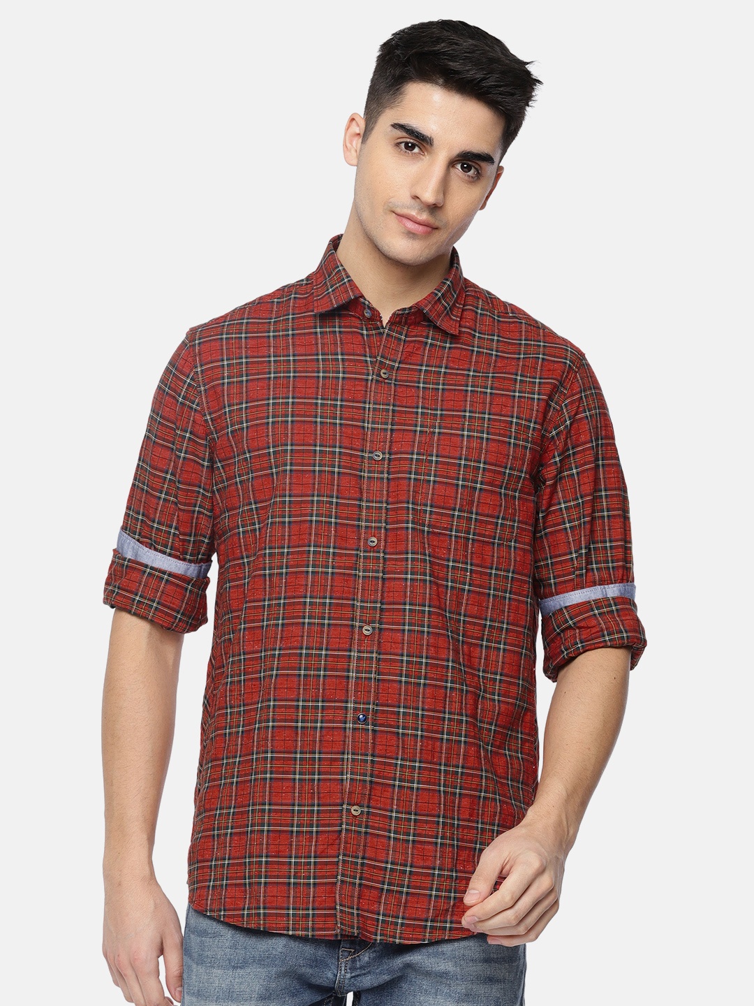 

Blackberrys Men Red & Green Slim Fit Checked Casual Shirt