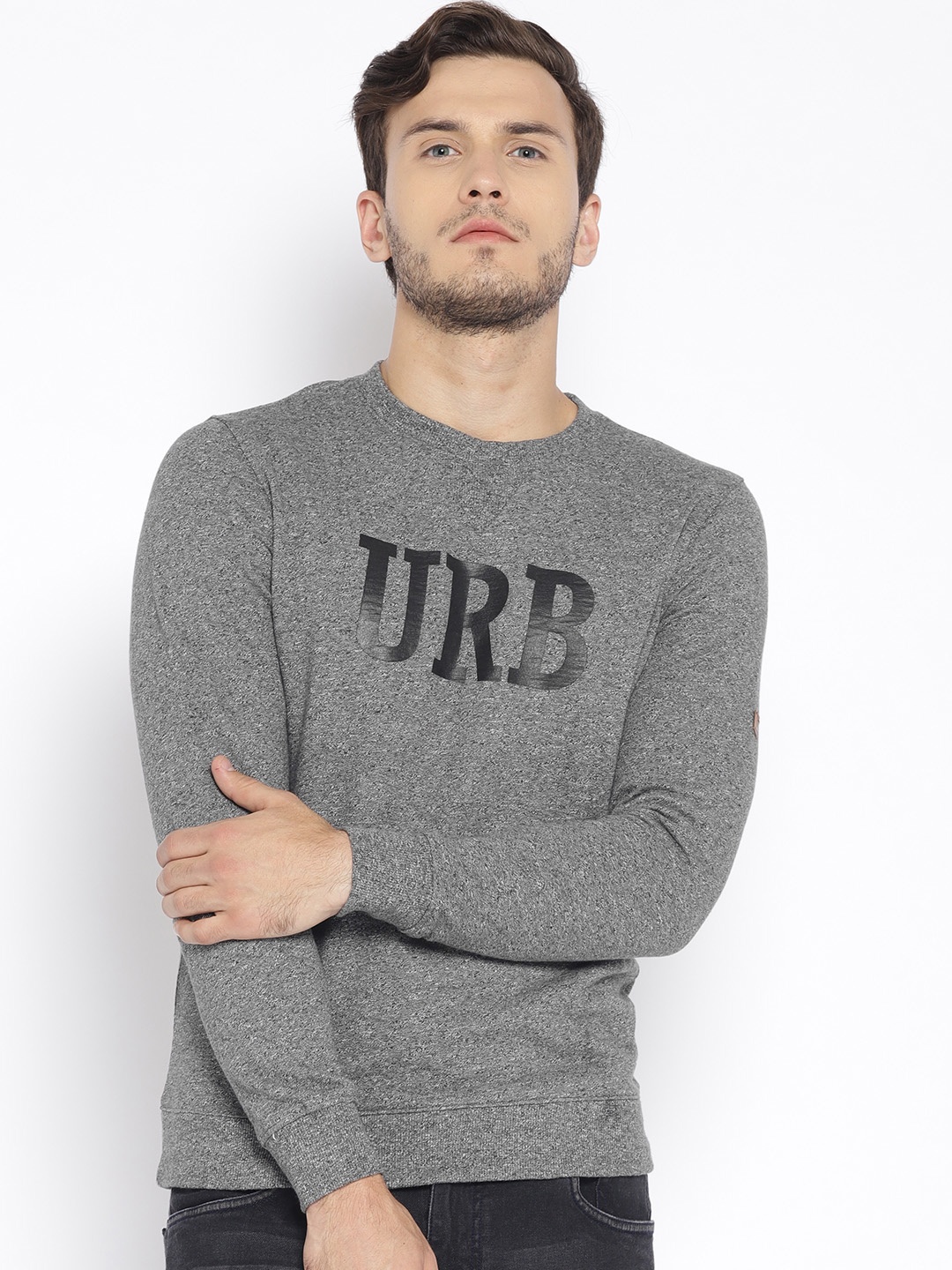 

Blackberrys Men Grey Melange Printed Sweatshirt