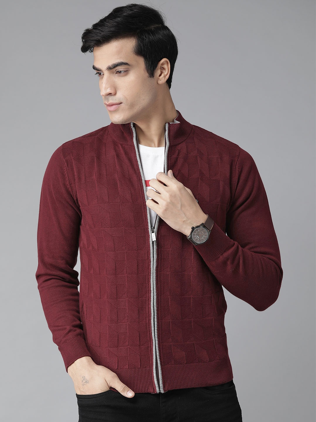 

Blackberrys Men Maroon Self Design Cardigan