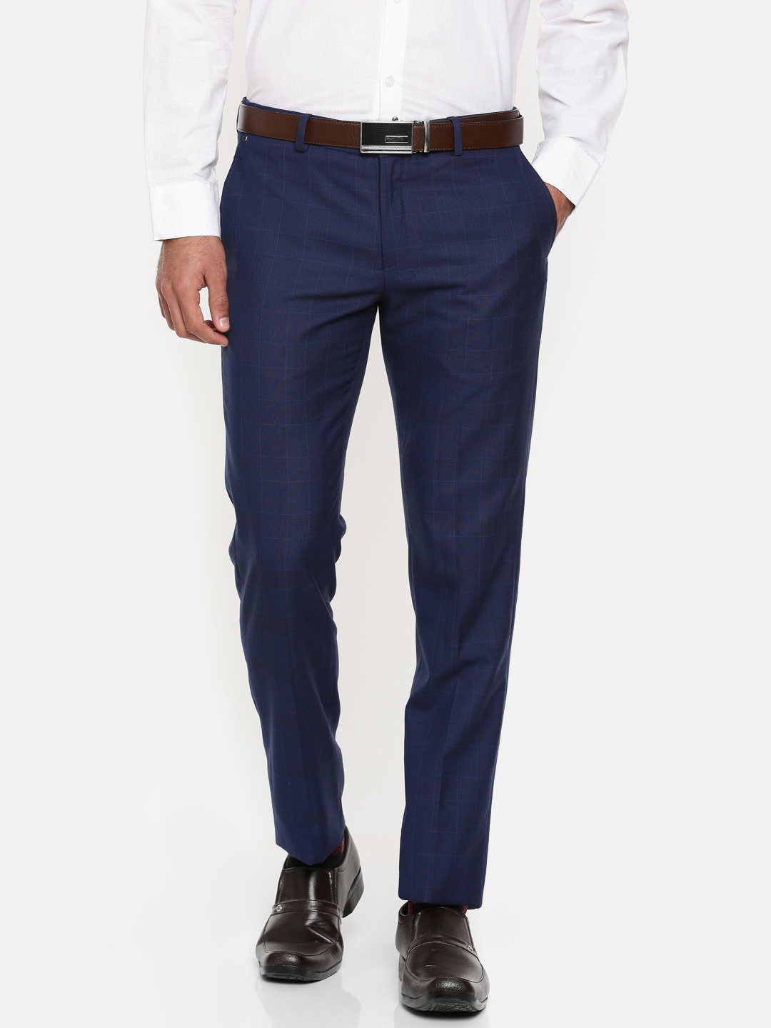 

Blackberrys Men Navy Blue Sharp Regular Fit Checked Formal Trousers