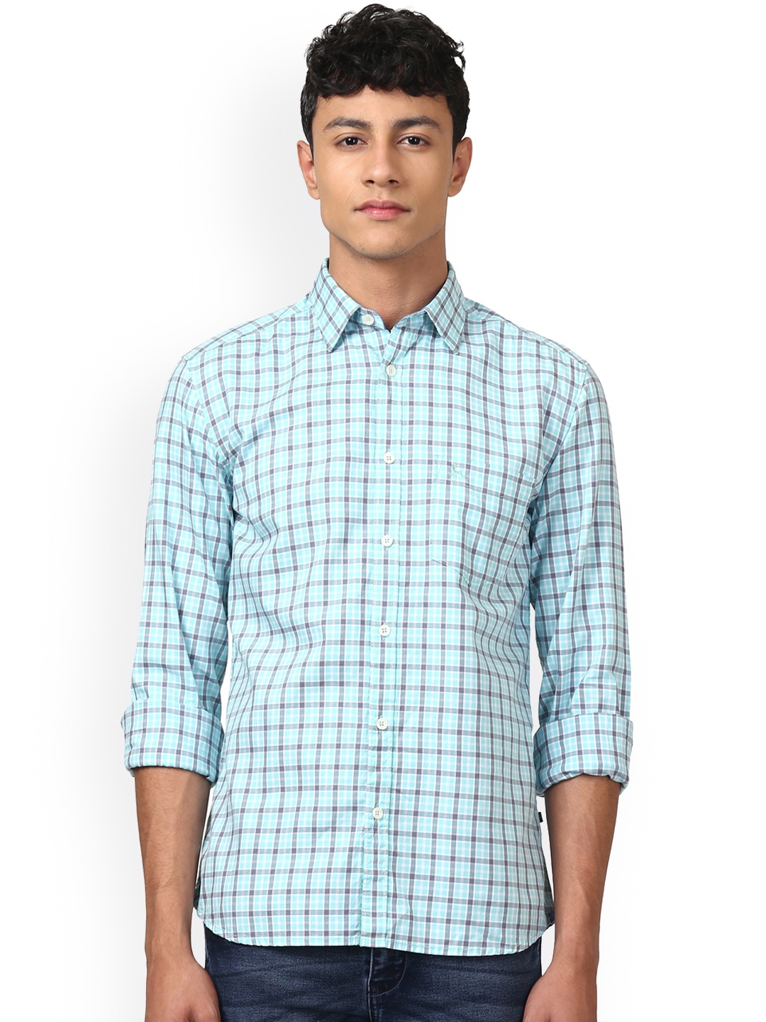 

Parx Men Turquoise Blue Slim Fit Checked Casual Shirt