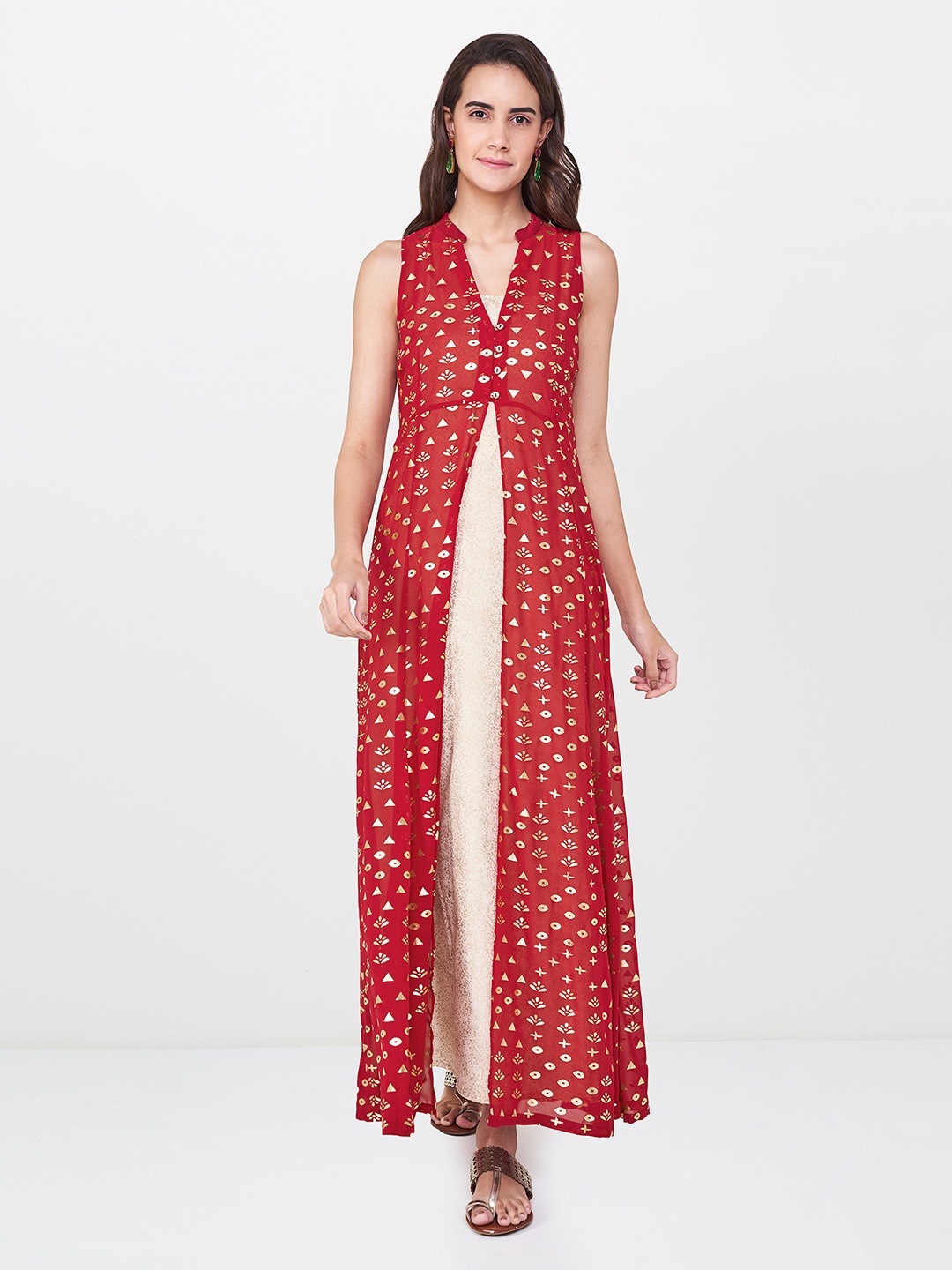 

Global Desi Women Red & Cream-Coloured Printed A-Line Layered Kurta