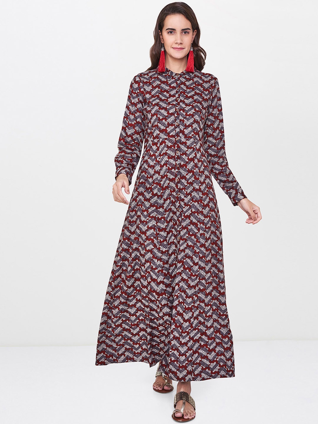 

Global Desi Women Maroon & Grey Printed A-Line Kurta