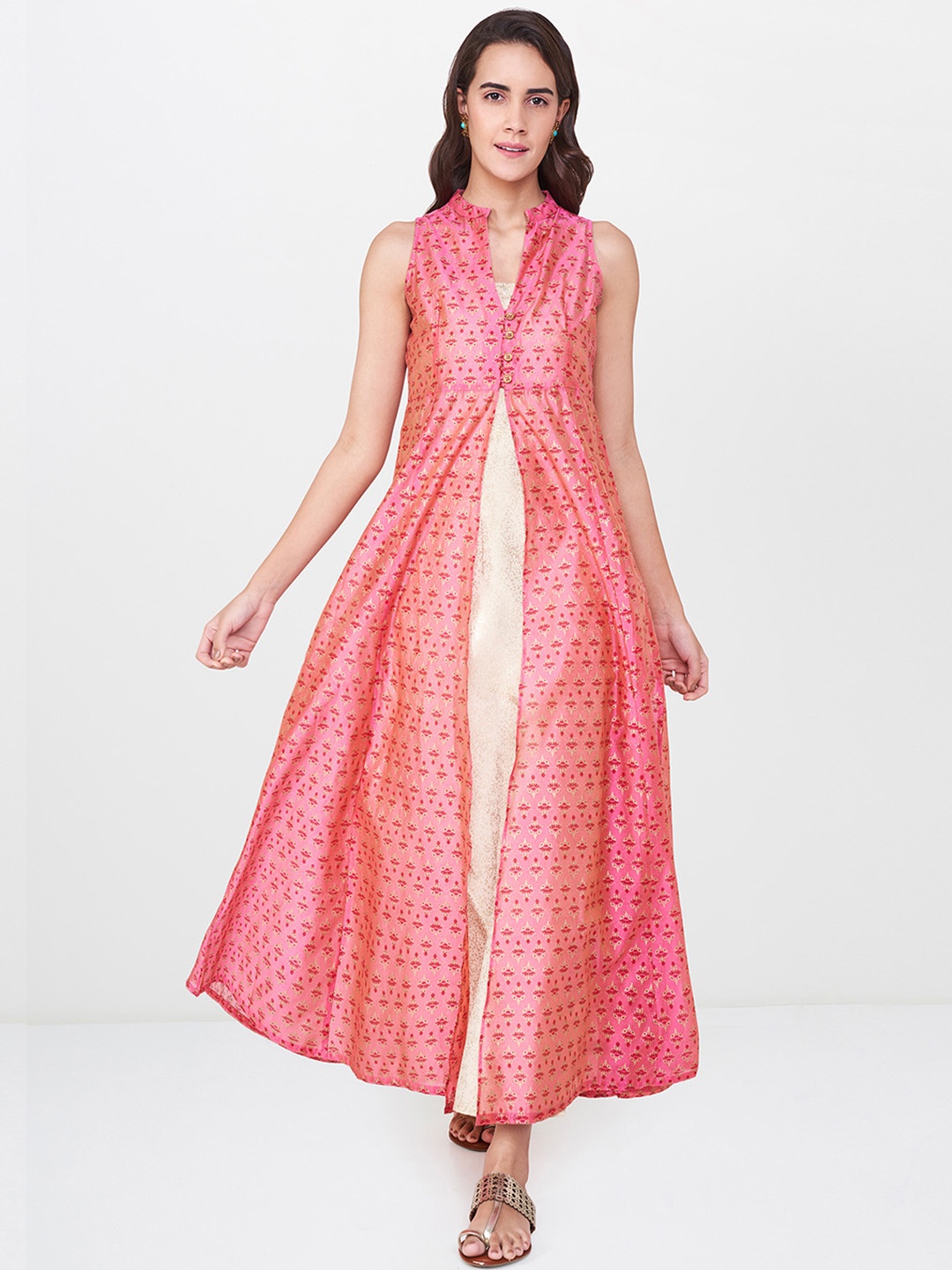 

Global Desi Women Pink & Cream-Coloured Printed Layered Kurta