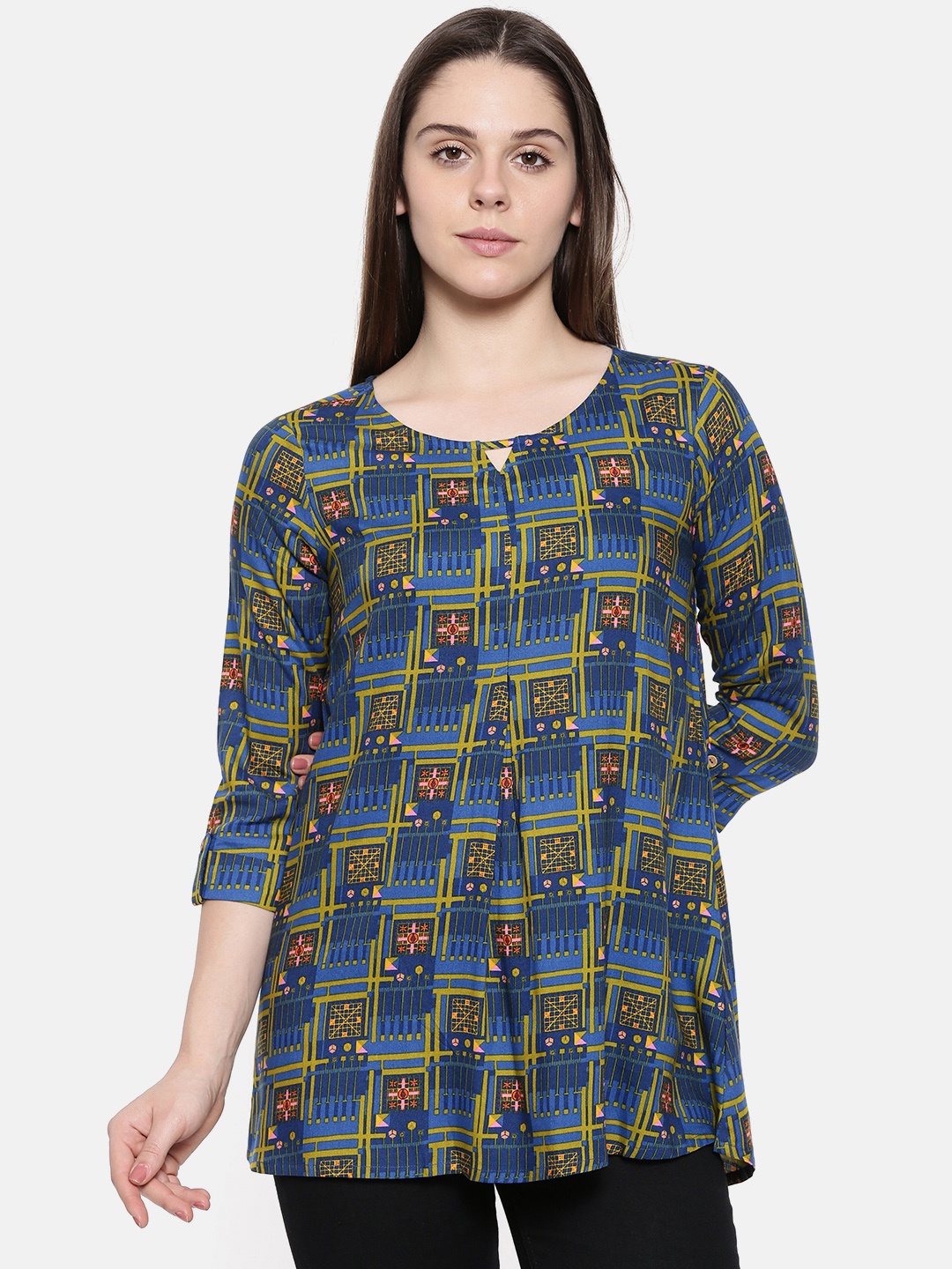 

Global Desi Women Blue & Green Printed A-Line Top