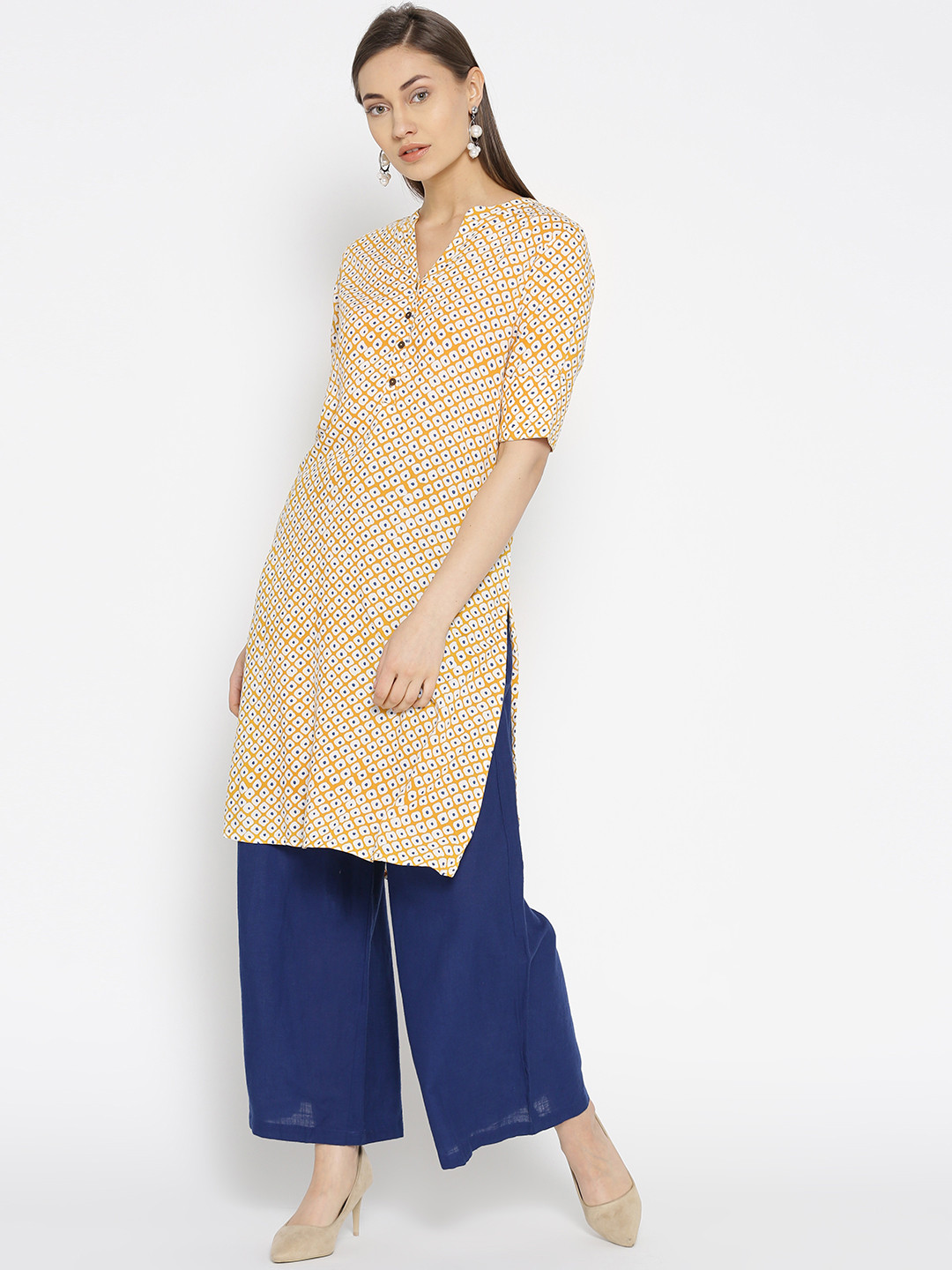 

Global Desi Women Mustard Yellow & White Printed Straight Kurta
