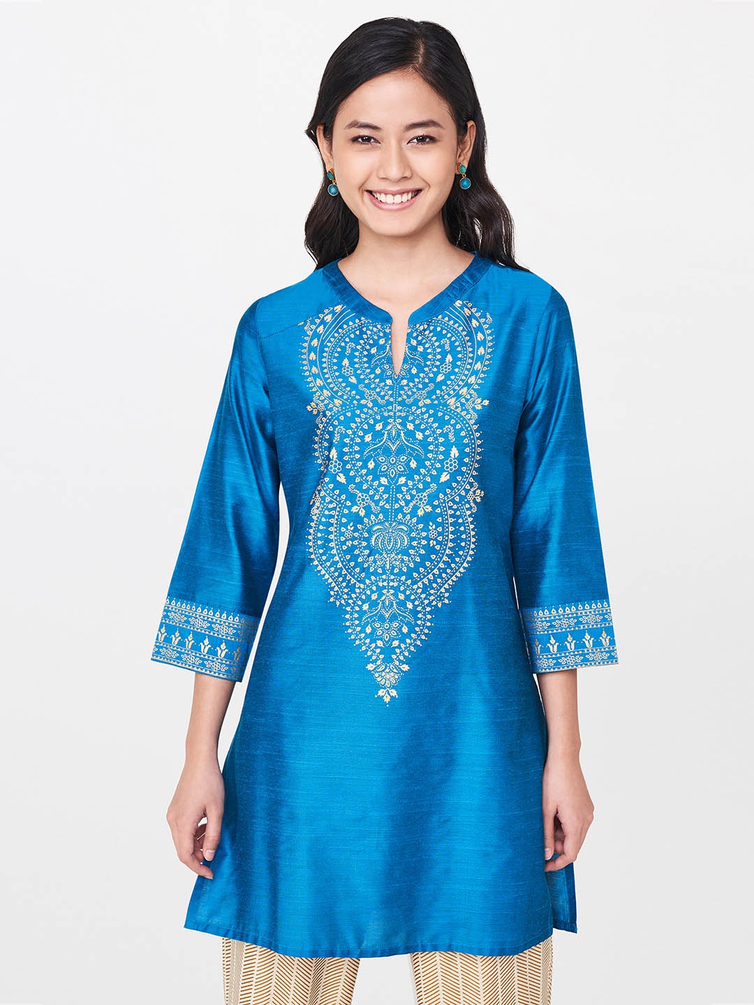 

Global Desi Women Foil-Printed Blue Straight Kurti