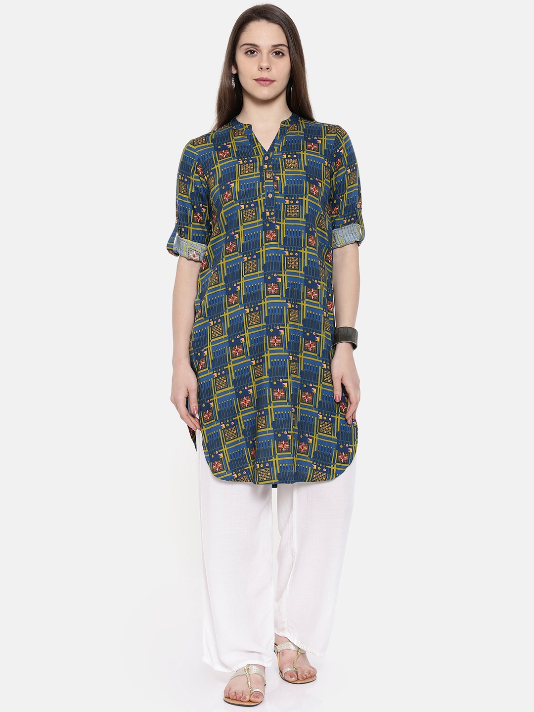 

Global Desi Women Blue & Green Printed Straight Kurta