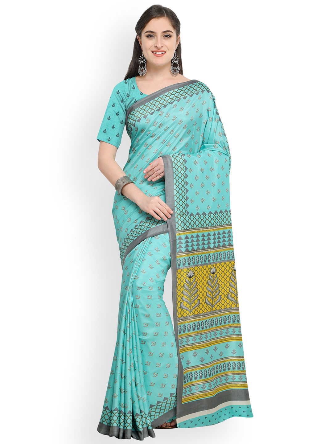 

Blissta Turquoise Blue & Green Poly Crepe Printed Saree