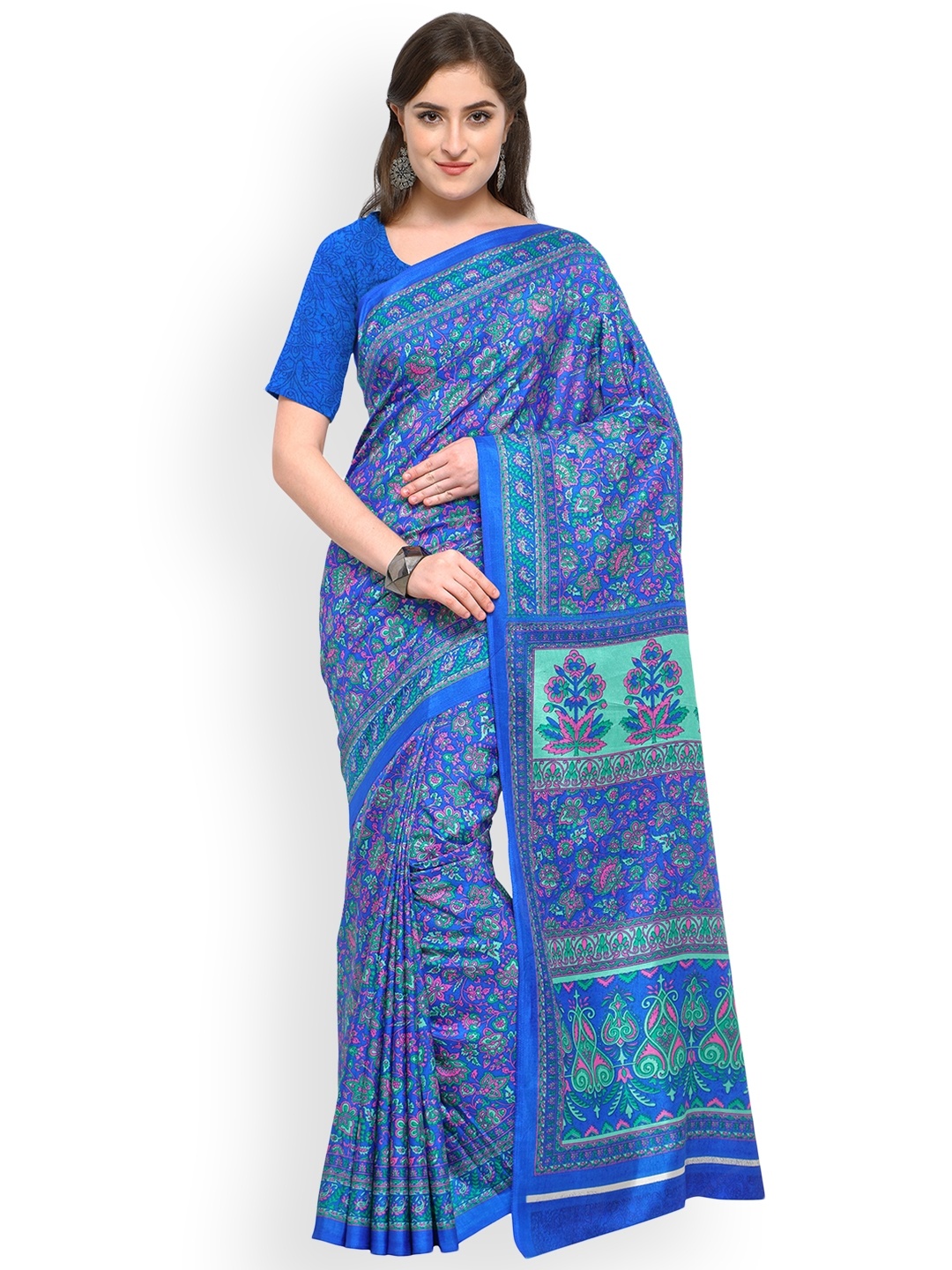 

Blissta Blue Printed Poly Crepe Saree