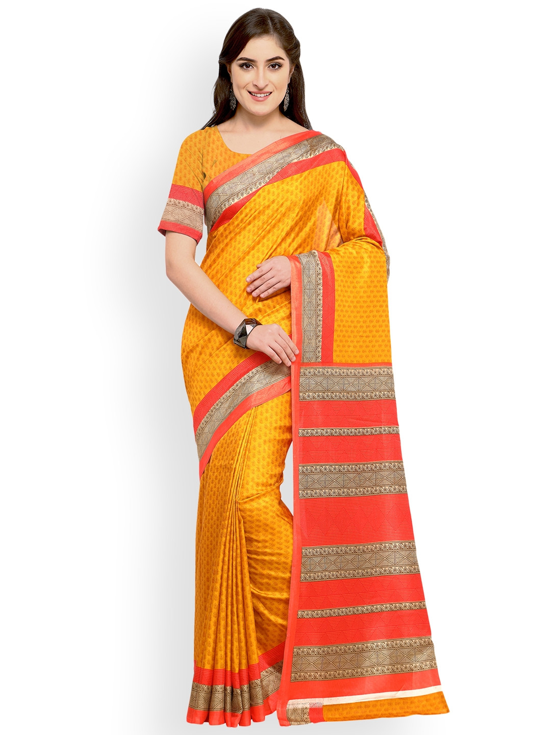 

Blissta Yellow & Orange Poly Crepe Printed Saree