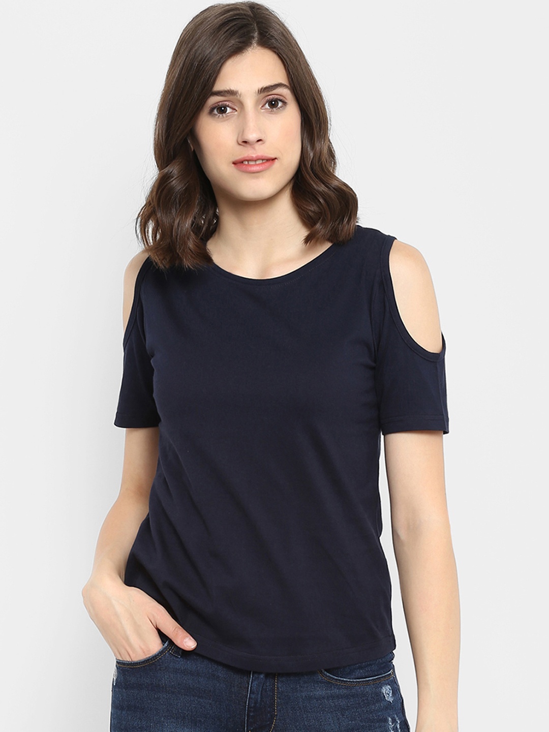 

appulse Women Navy Blue Solid Pure Cotton Top