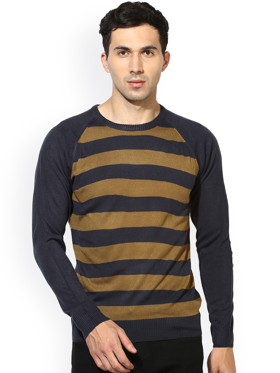 

Red Tape Men Navy Blue & Mustard Striped Pullover