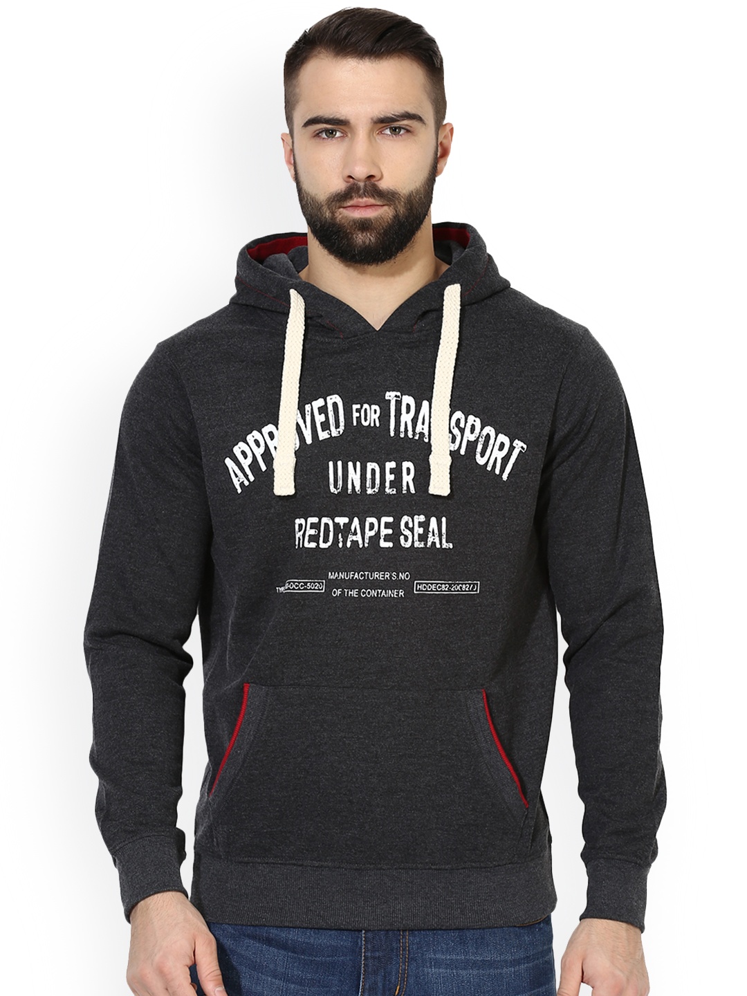 

Red Tape Men Charcoal & Off-White Printed Hooded Sweatshirt