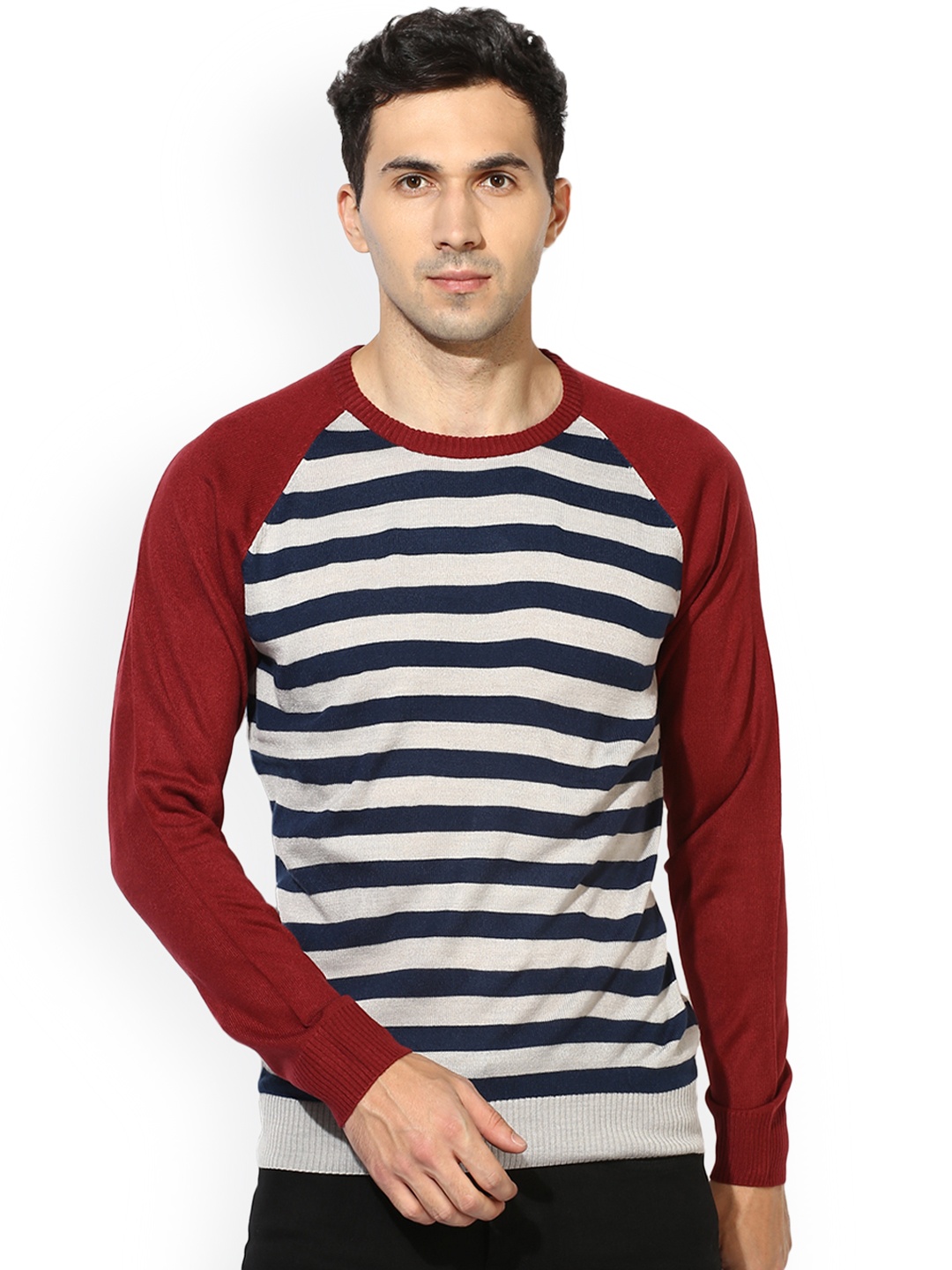 

Red Tape Men White & Maroon Striped Pullover