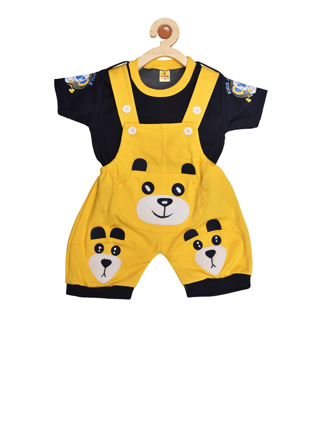 

BORN WEAR Unisex Yellow & Navy Blue Printed T-shirt with Dungarees