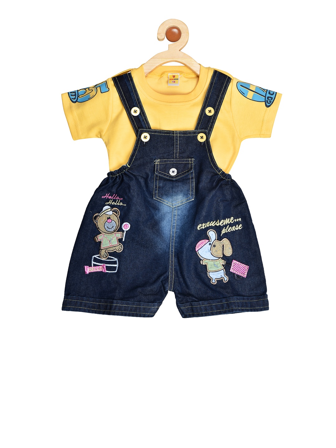 

BORN WEAR Unisex Yellow & Navy Blue Printed T-shirt with Dungarees