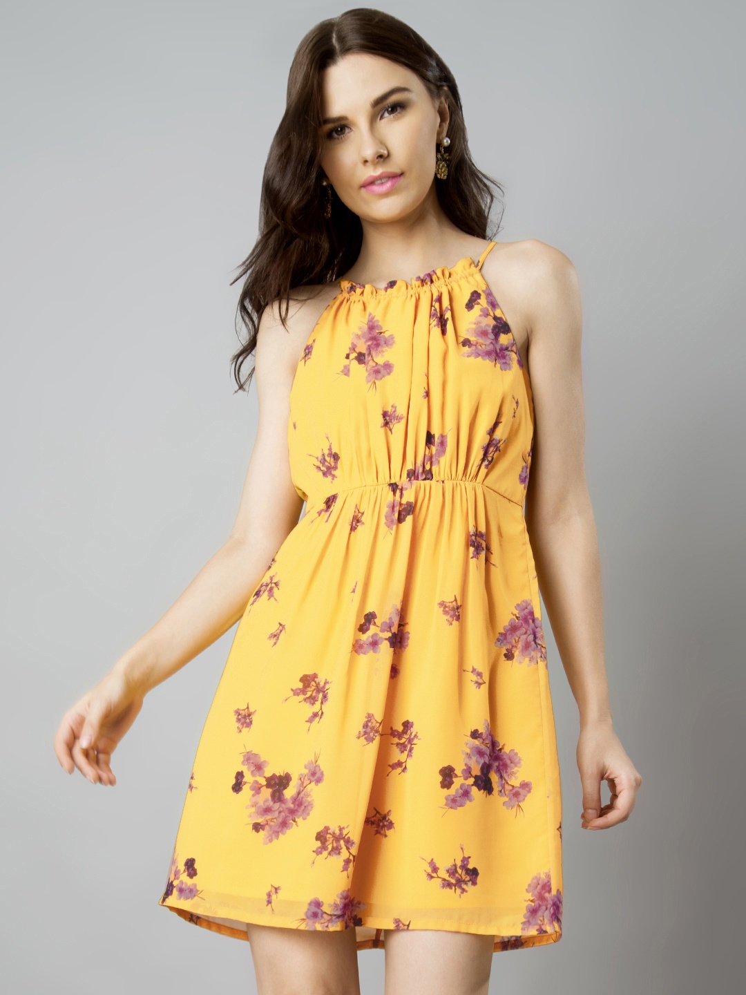 

FabAlley Women Mustard Printed Fit and Flare Dress