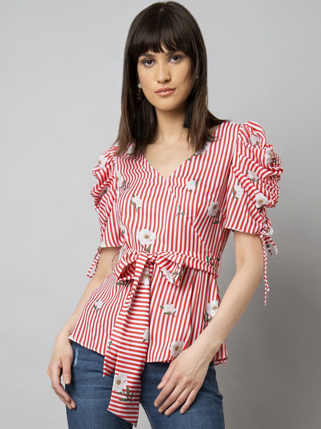 

FabAlley Women Red & White Striped Cinched Waist Top