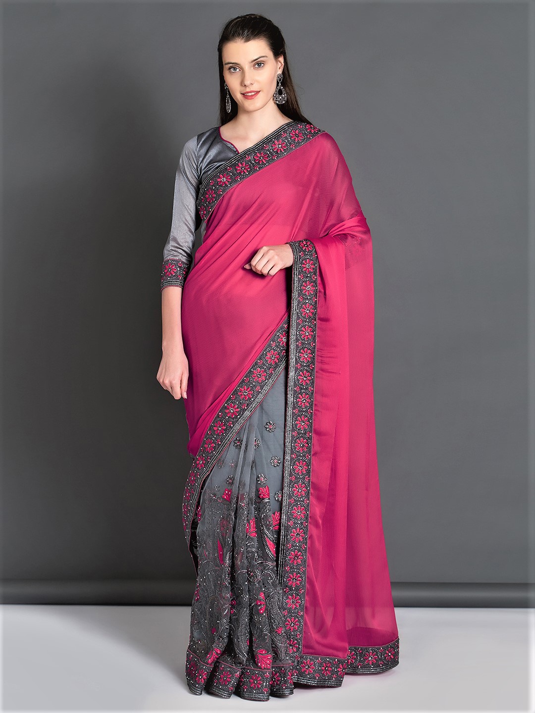 

Mitera Rose & Grey Pure Georgette Embroidered Saree