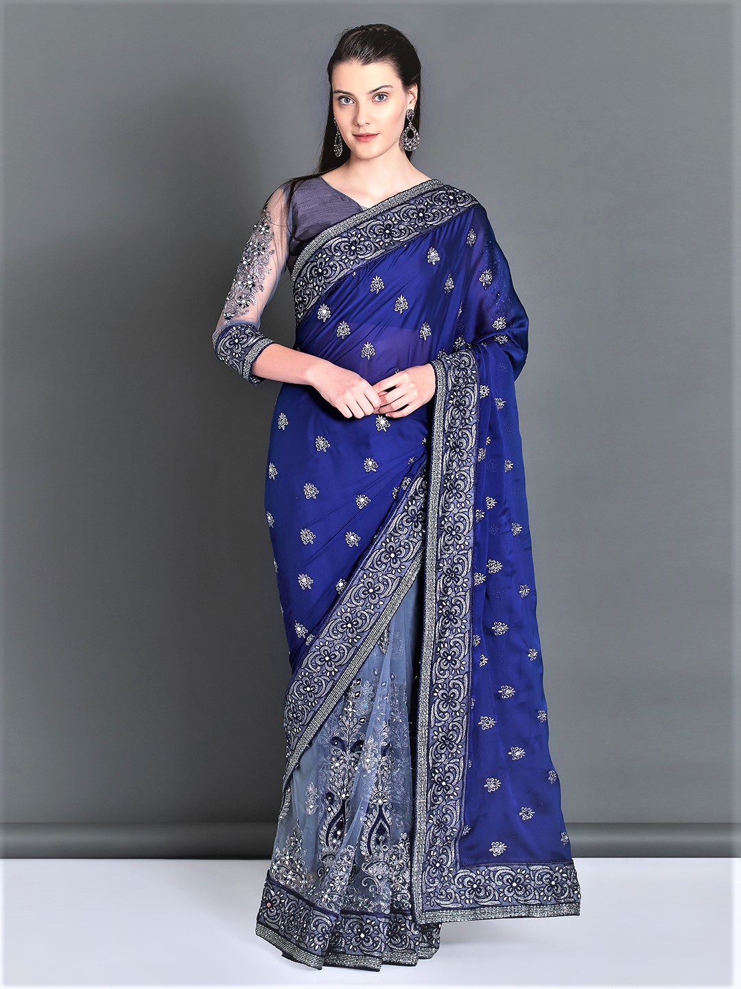 

Mitera Navy Blue & Silver-Toned Pure Georgette Embroidered Saree