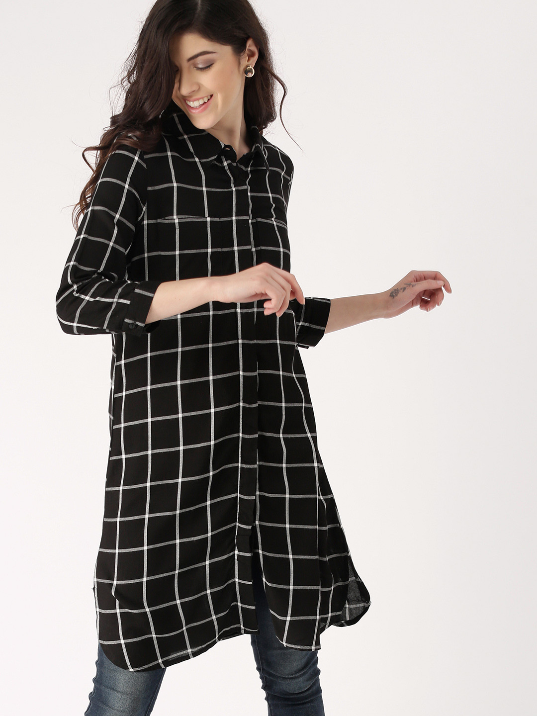 

DressBerry Women Black & White Regular Fit Checked Longline Casual Shirt