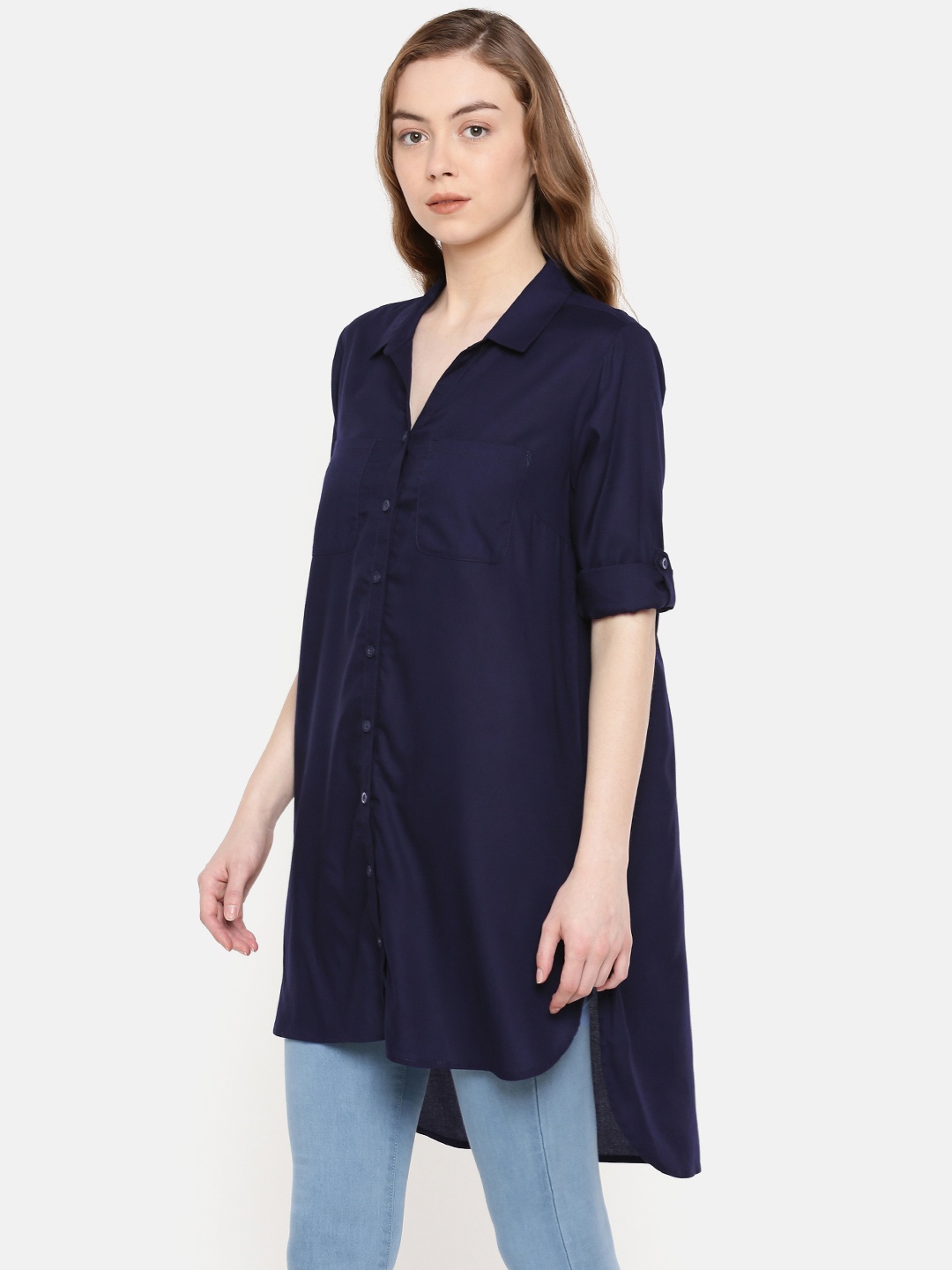 

IDK Women Navy Solid High-Low Tunic, Navy blue