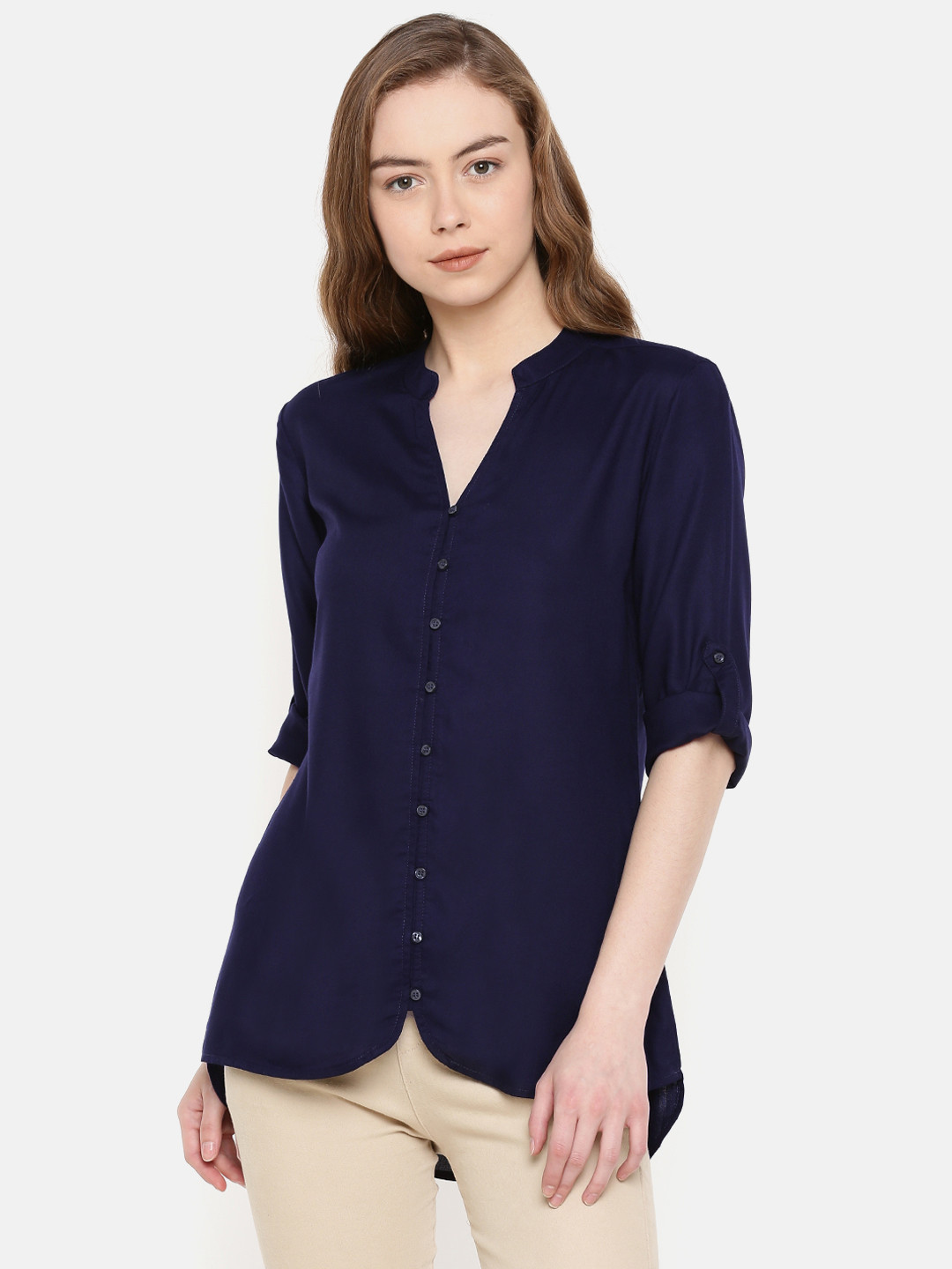 

IDK Women Navy Blue Regular Fit Solid Casual Shirt