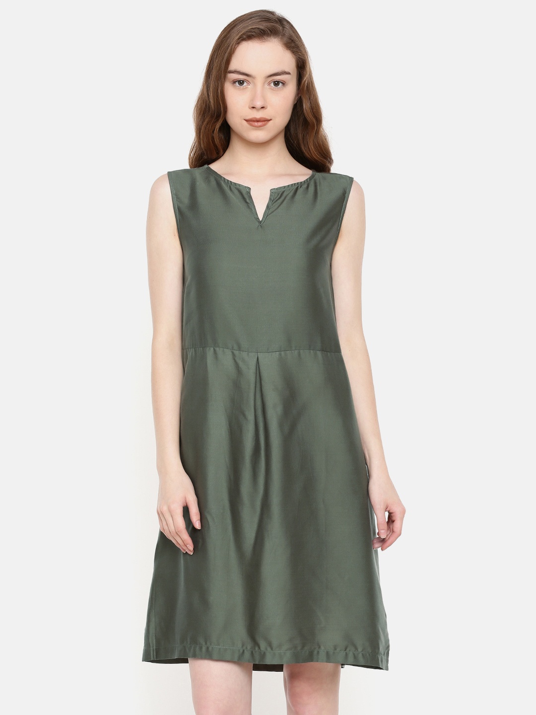 

IDK Women Olive Green Solid A-Line Dress