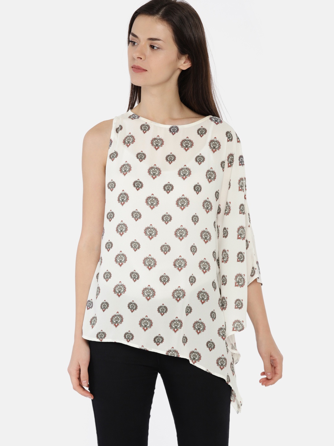 

IDK Women Off-White Printed One-Shoulder Top