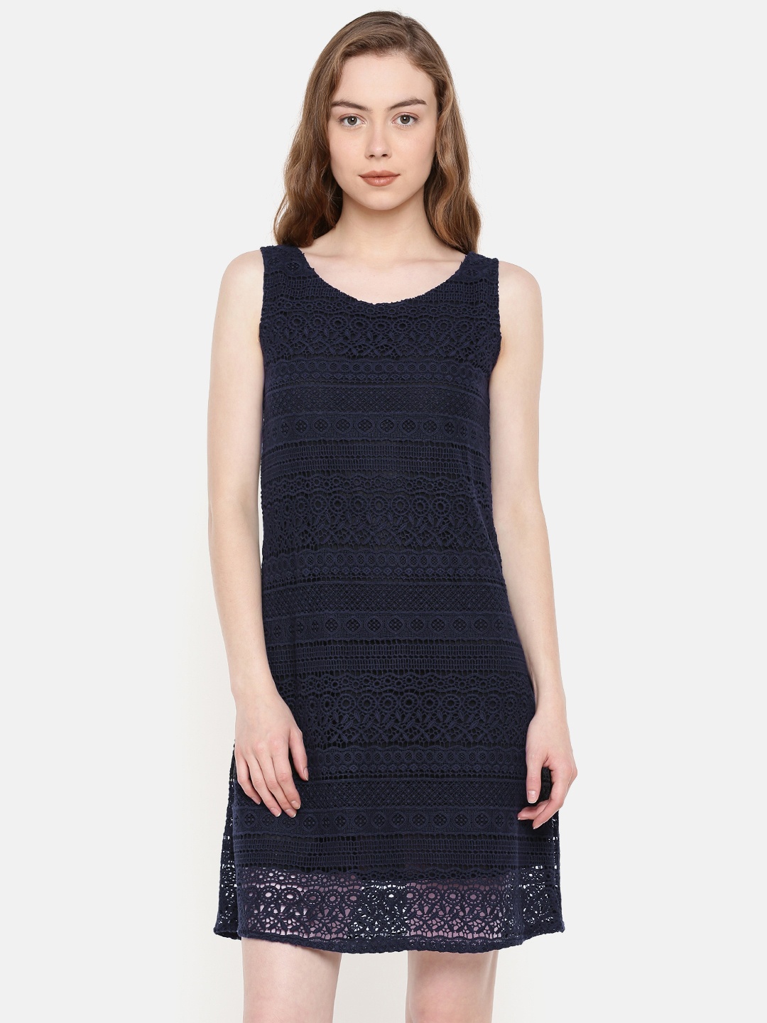 

IDK Women Navy Blue Self Design Sheath Dress