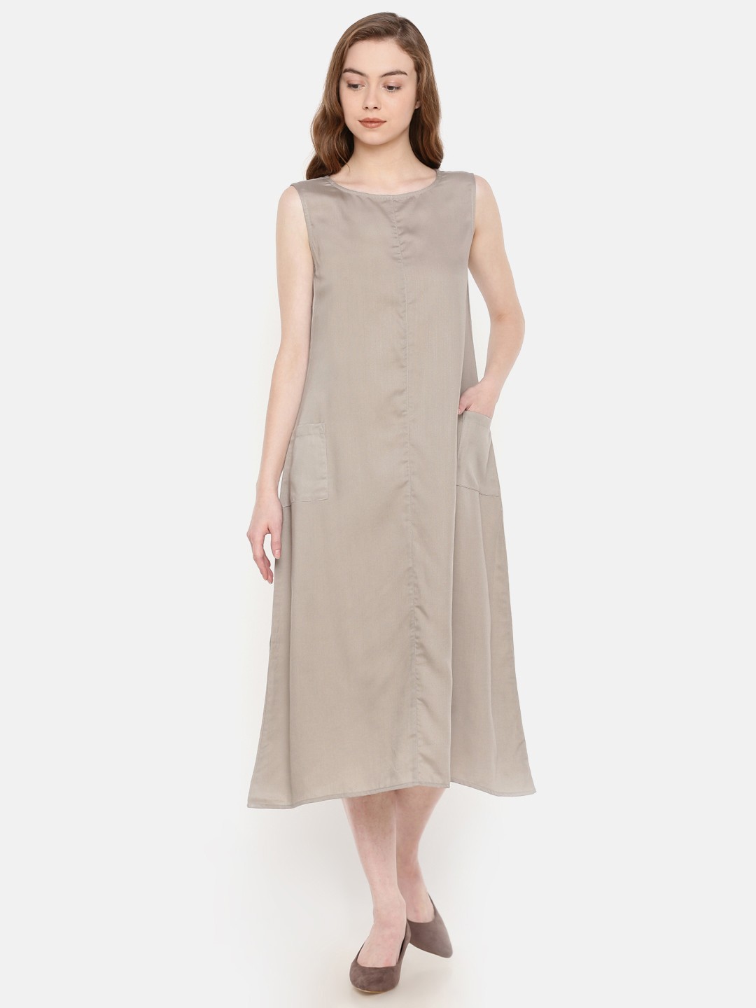 

IDK Women Taupe Solid A-Line Dress
