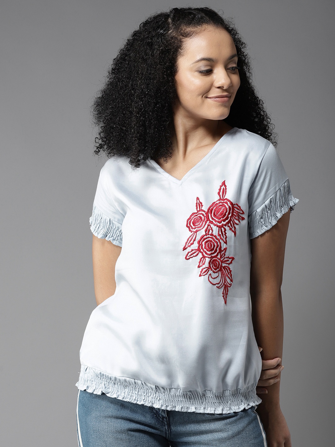 

HERE&NOW Women Blue Embroidered Blouson Top