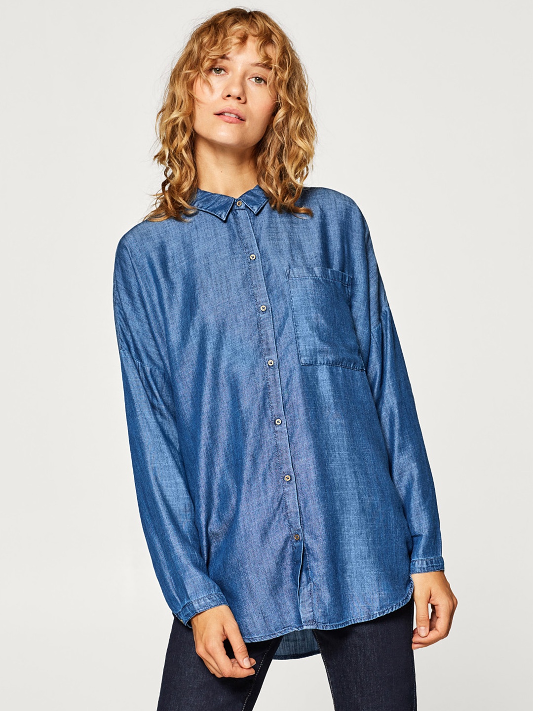 

ESPRIT Women Blue Regular Fit Solid Chambray Shirt