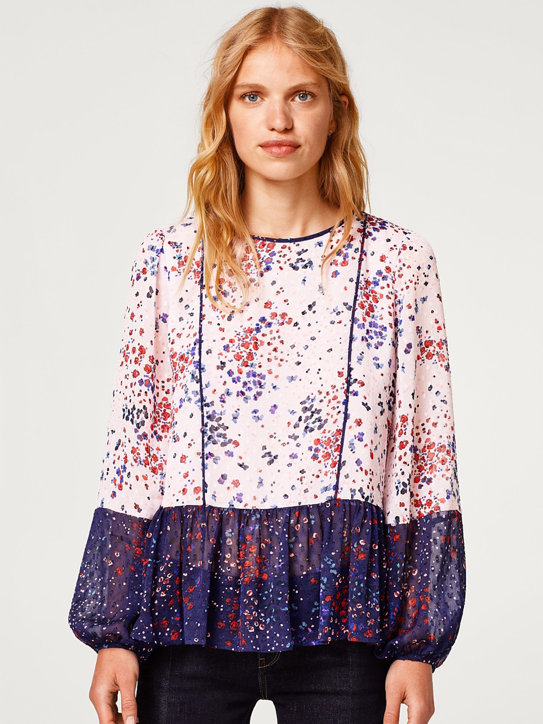 

ESPRIT Women Pink & Navy Blue Printed A-Line Top