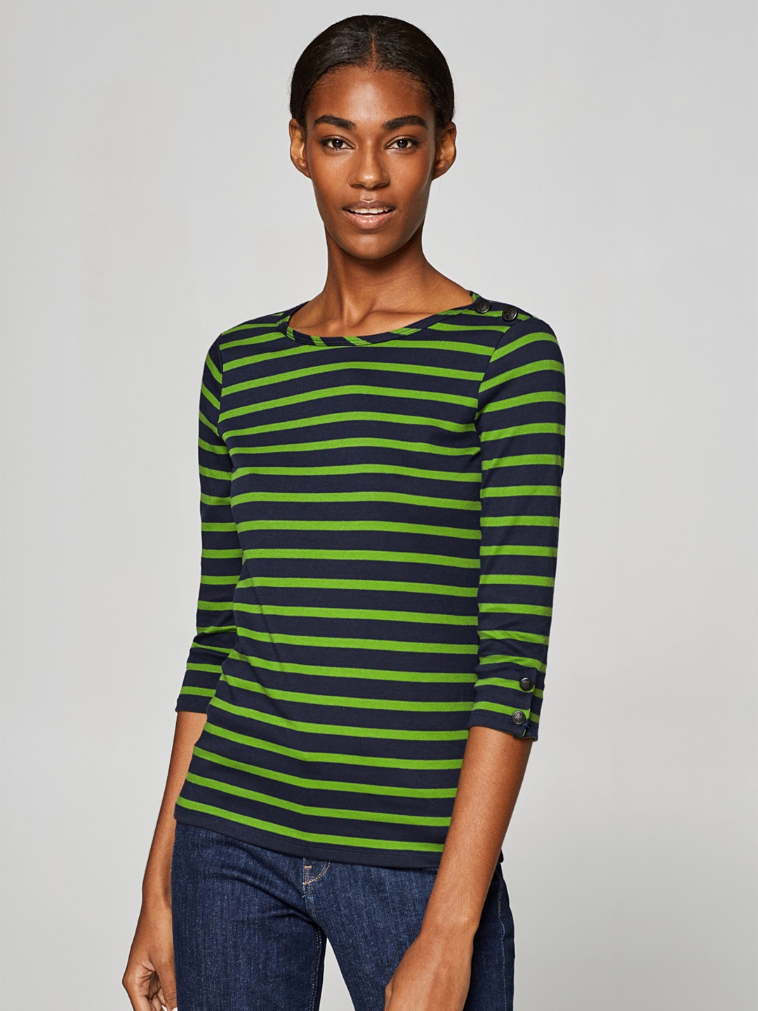 

ESPRIT Women Navy Blue Green Striped Round Neck Pure Cotton T-shirt