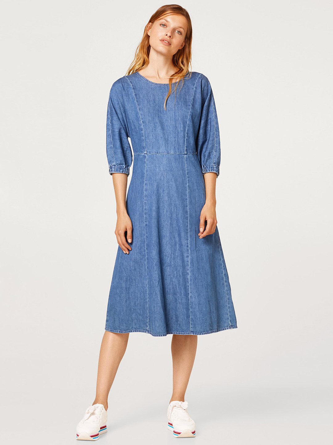 

ESPRIT Women Blue Solid Denim Midi Fit & Flare Dress