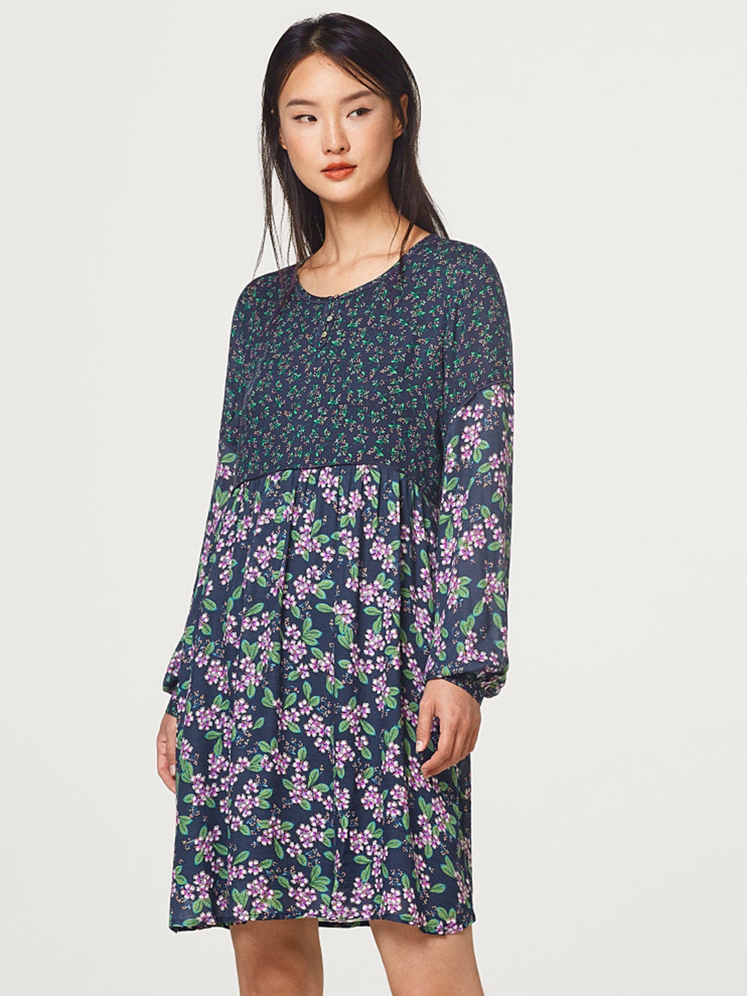 

ESPRIT Women Navy & Green Printed Empire Dress, Navy blue