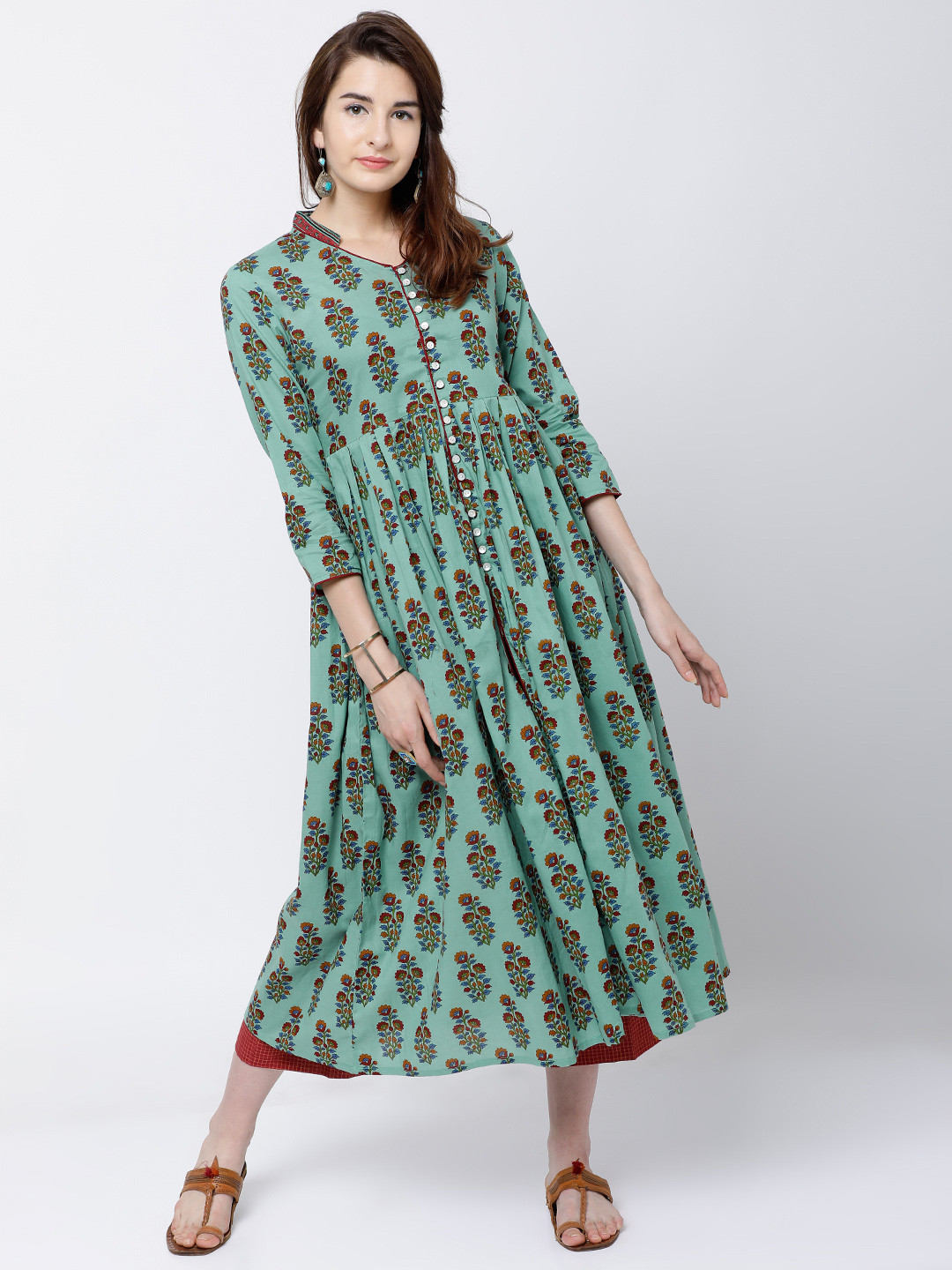 

Vishudh Women Sea Green & Maroon Printed Anarkali Kurta