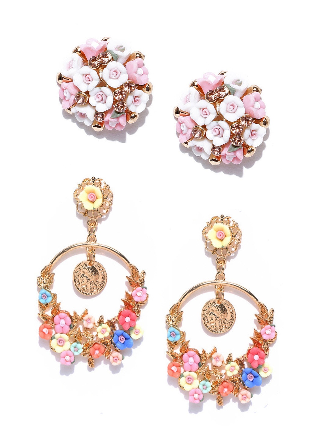 

Crunchy Fashion Pink & Gold-Toned Floral Drop Earrings