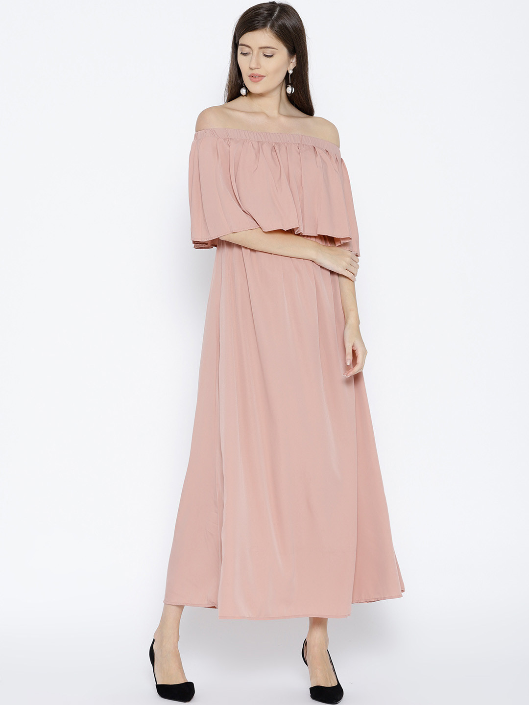 

Berrylush Women Dusty Pink Solid Off-Shoulder Maxi Dress