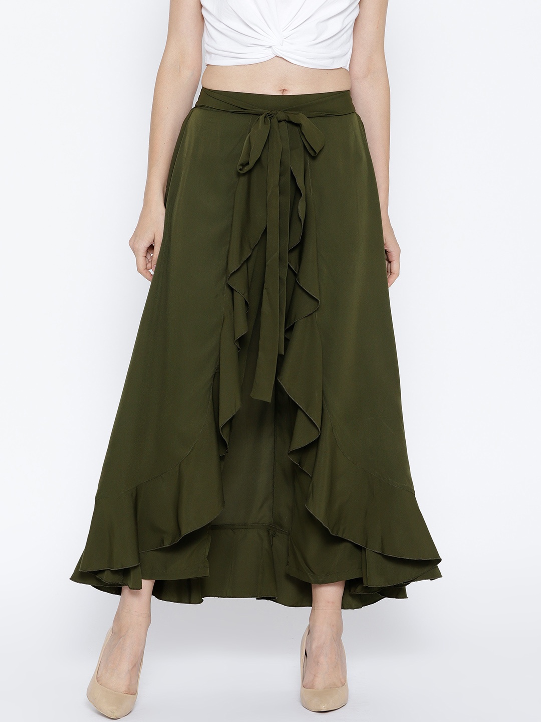 

Berrylush Olive Green Solid Ruffled Flared Maxi Skirt with Attached Trousers