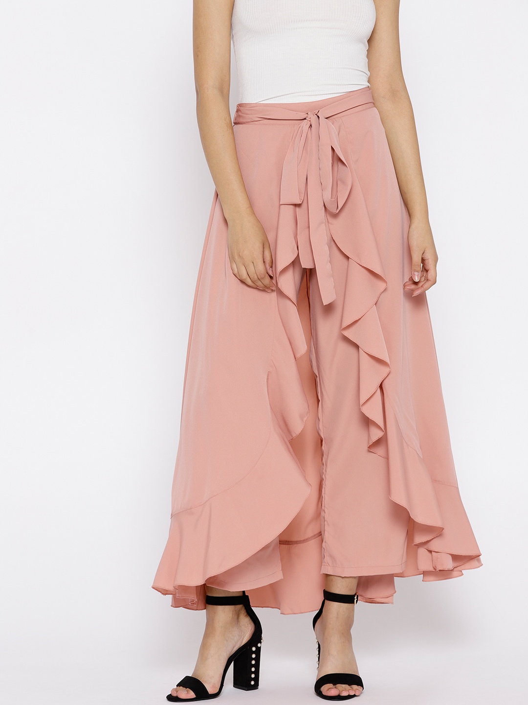 

Berrylush Dusty Pink Solid Ruffled Maxi Skirt with Attached Trousers