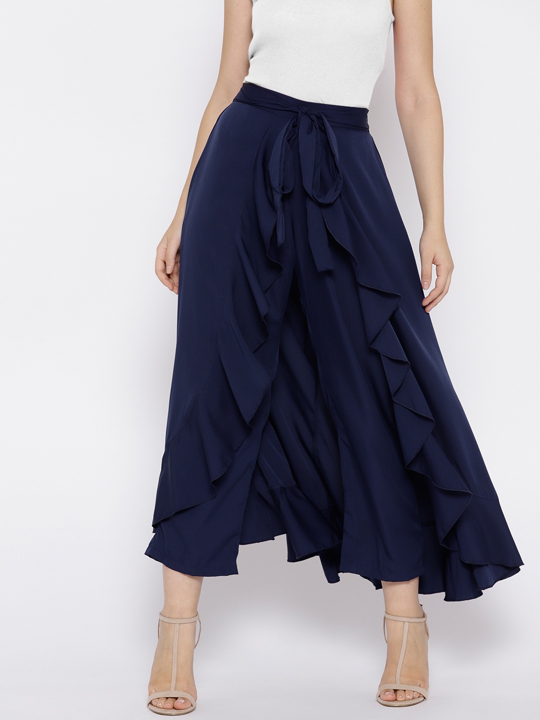 

Berrylush Navy Blue Solid Ruffled Maxi Skirt with Attached Trousers