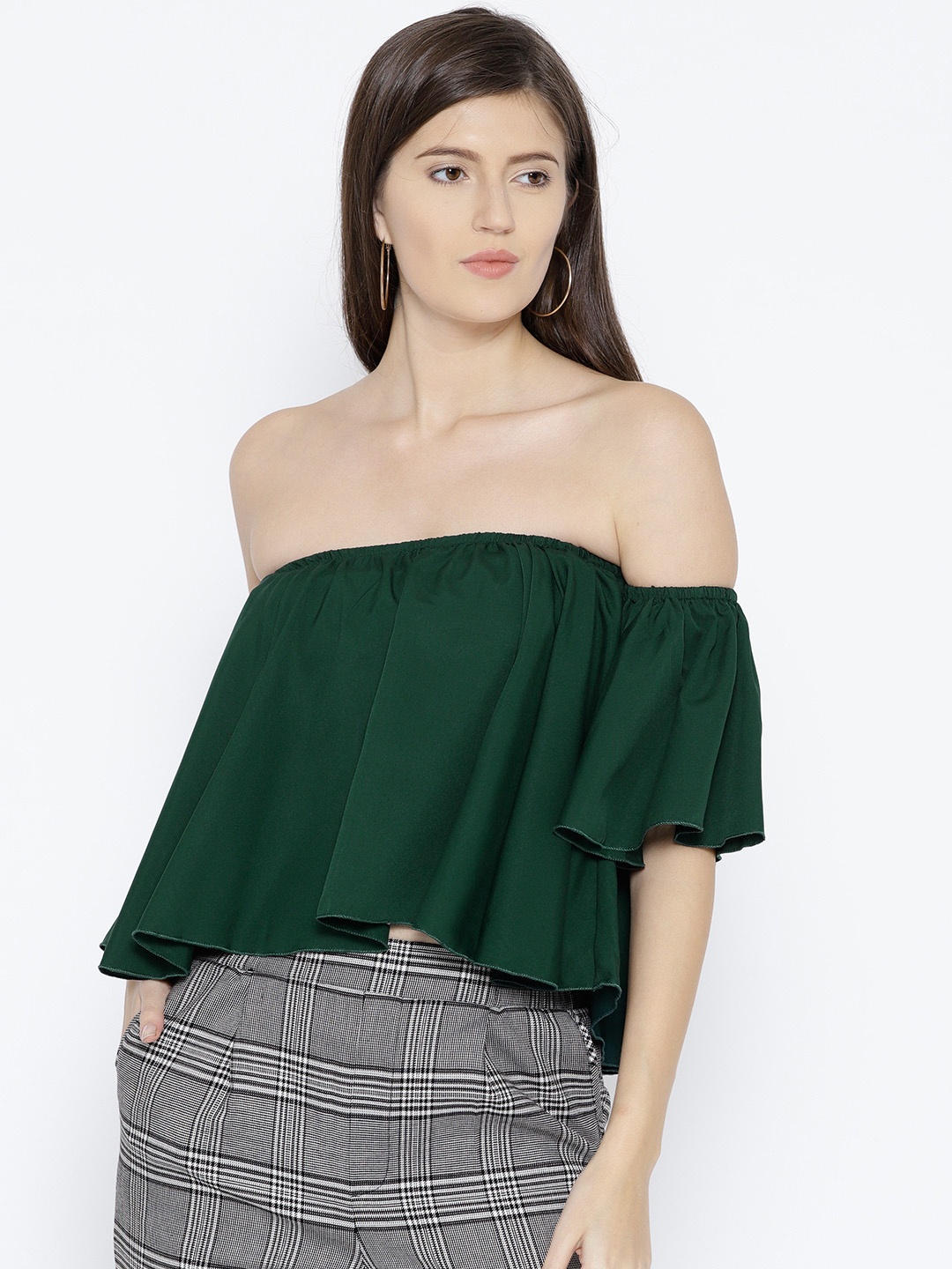 

Berrylush Women Green Solid Bardot Top