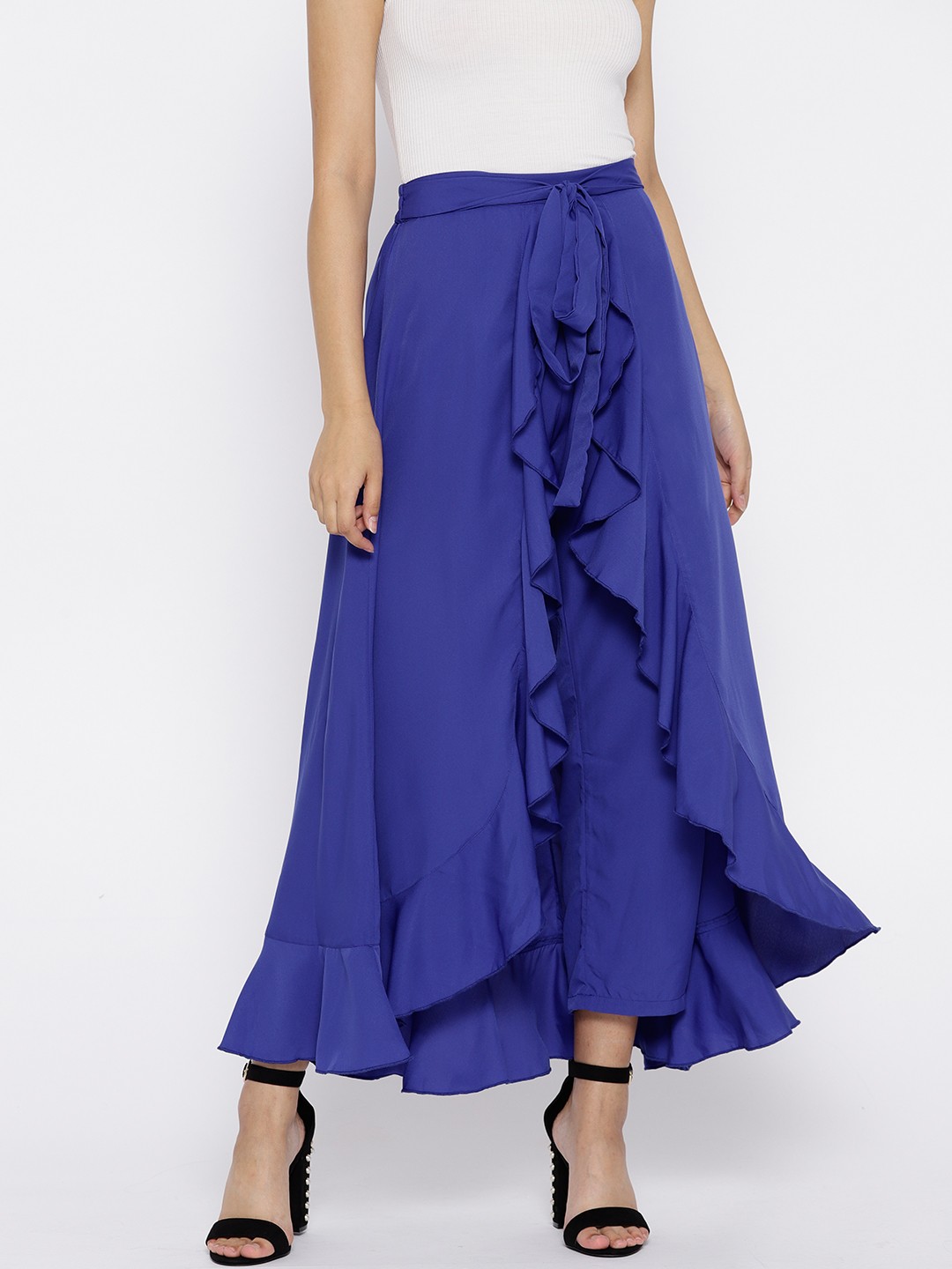 

Berrylush Blue Solid Ruffled Flared Maxi Skirt with Attached Trousers