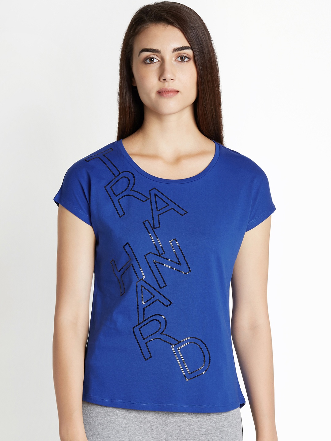 

Ajile by Pantaloons Women Navy Blue Printed Pure Cotton Top