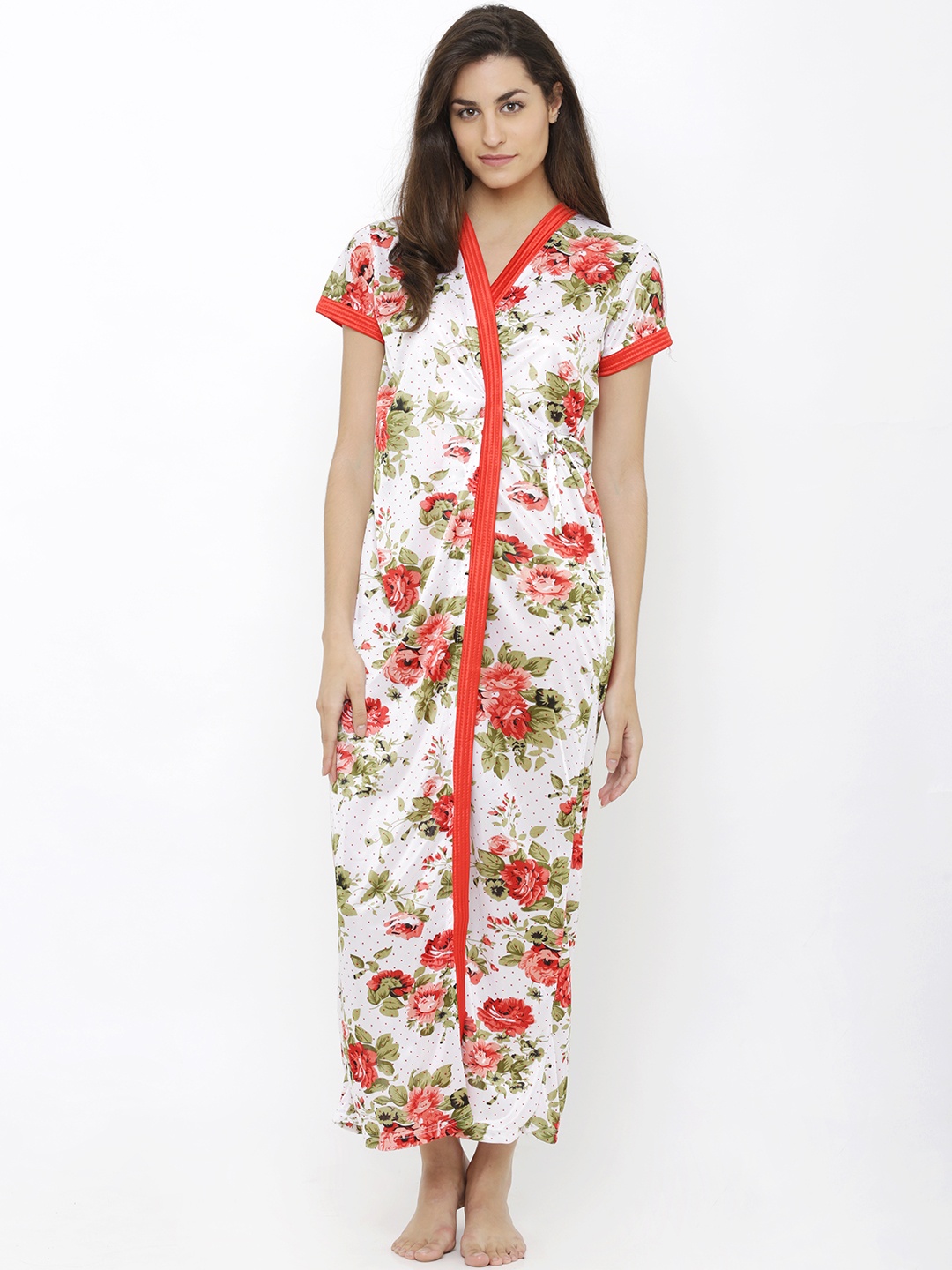 

Pretty Awesome White & Red Printed Nightdress PTAS42