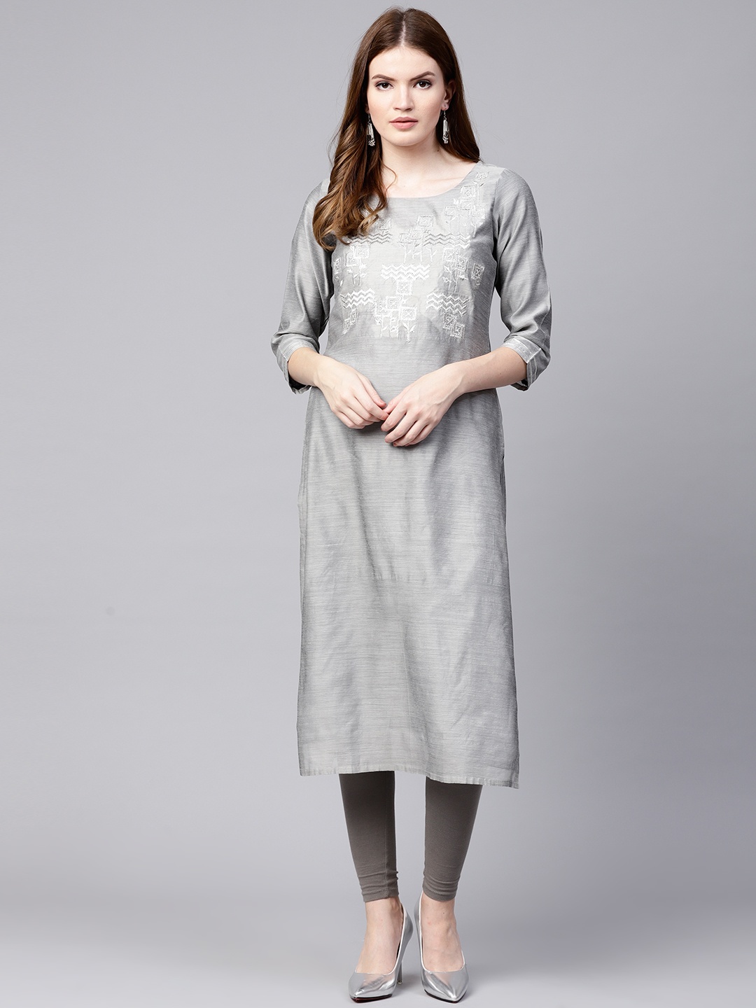 

Varanga Grey Embroidered Straight Chanderi Kurta