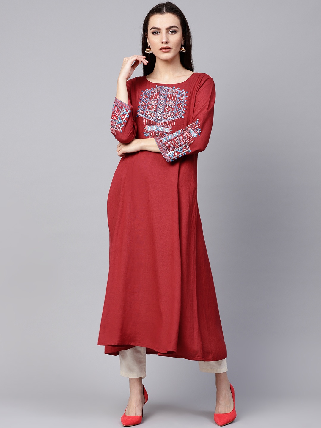

Varanga Maroon Embroidered A Line Kurta